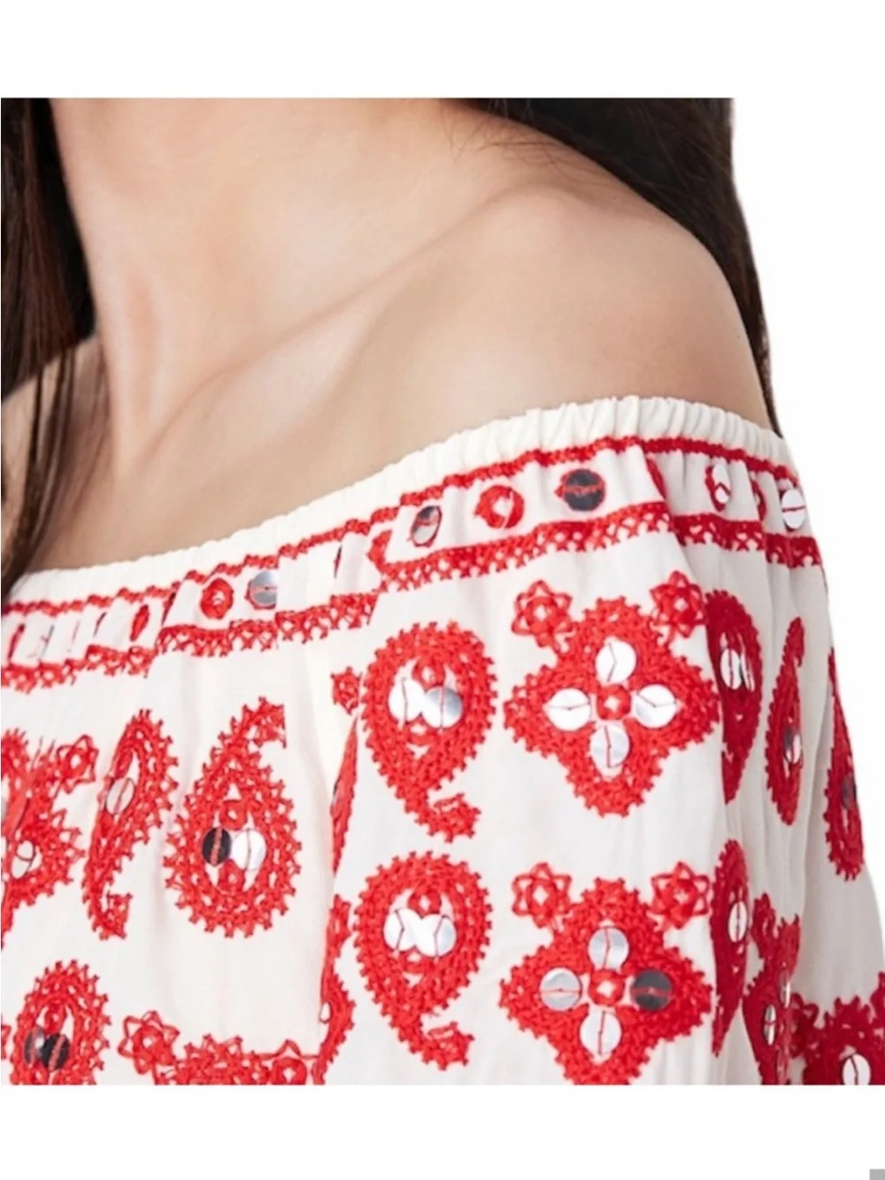 Tory Burch 100% Silk Off-Shoulder Cream Blouse Red-Orange Embroidered Sequin 12